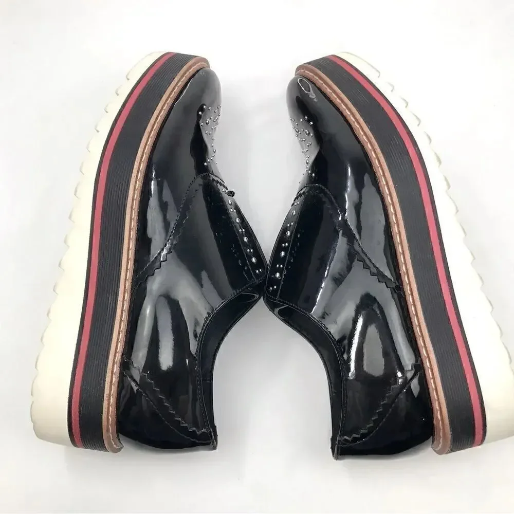 Zara Woman Black Patent Leather Silver Studded Platform Oxford Sneakers